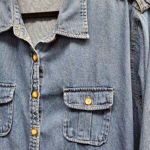 Krazy Kat Denim Shirt Womens 2X Button Up Utility Pockets Epaulet Western Top